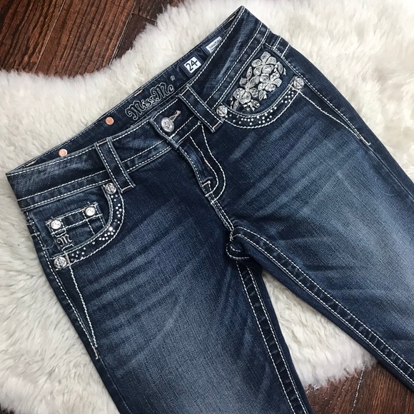 Miss Me Cuffed Skinny Jeans Foral Dark Wash Sz 24 - Picture 5 of 8